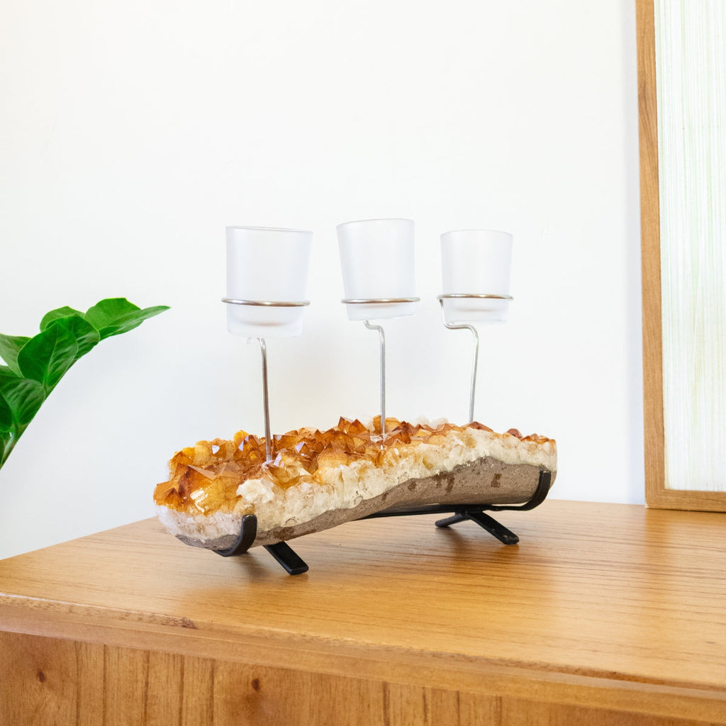 Triple Candle Holder with Citrine Druzy and White Frosted Glass Support 2.709 kg
