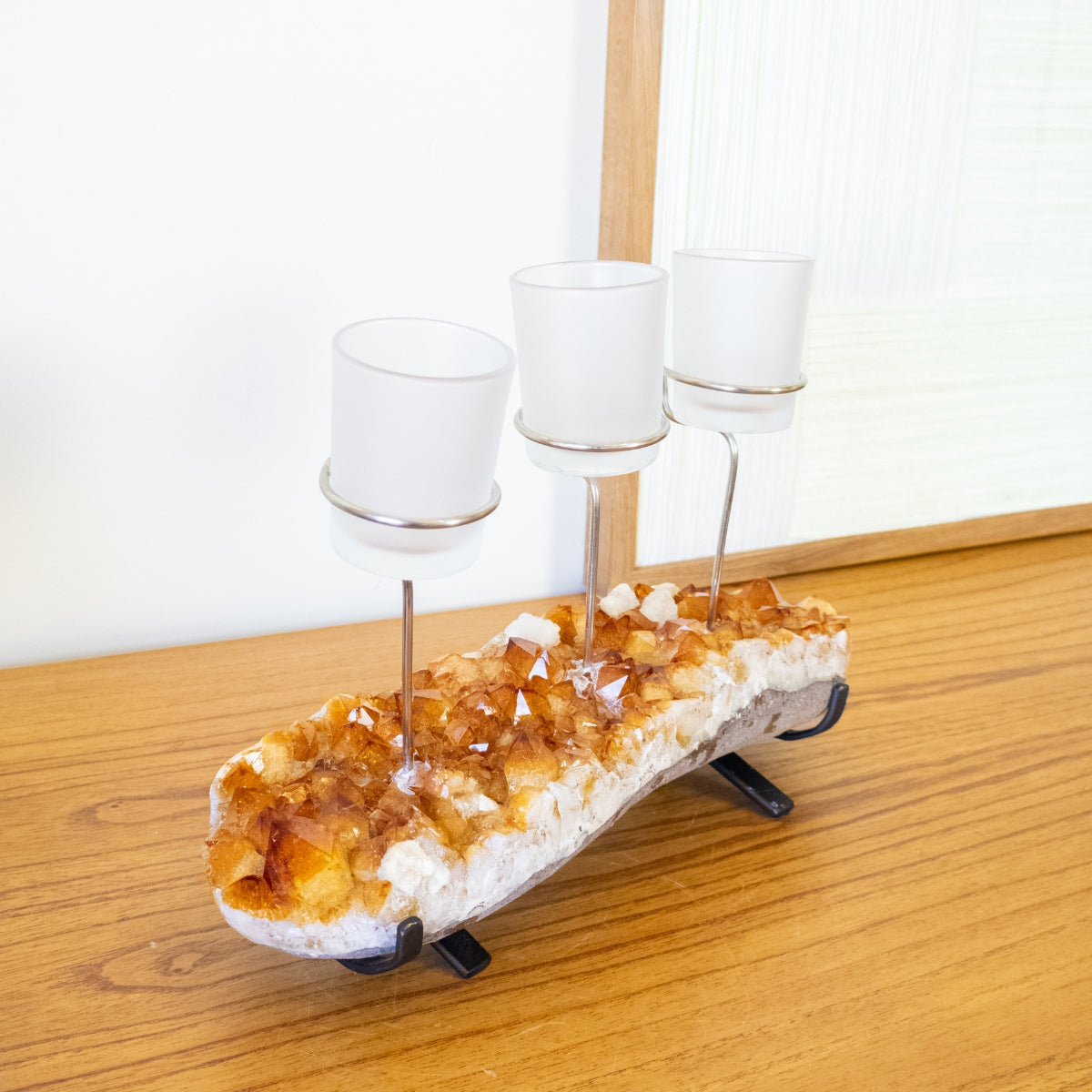 Triple Candle Holder with Citrine Druzy and White Frosted Glass Support 2.709 kg