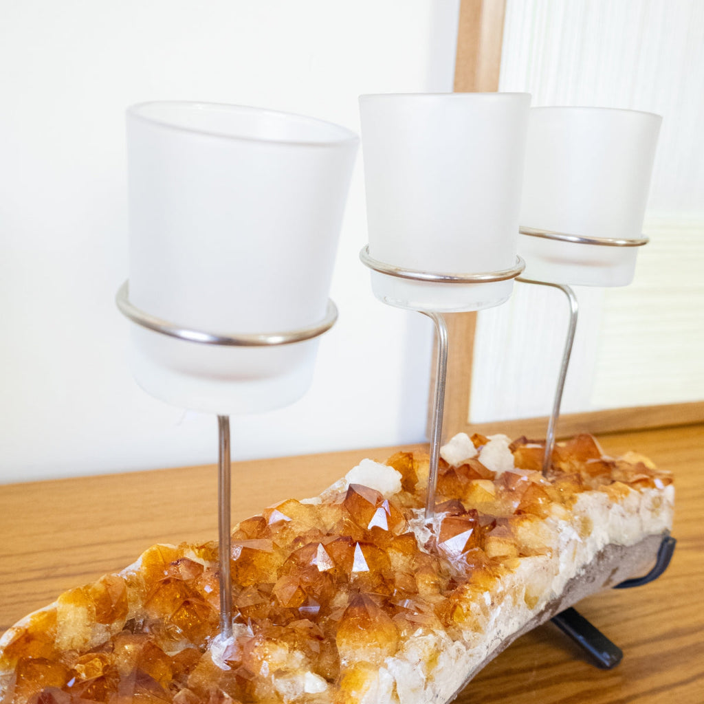 Triple Candle Holder with Citrine Druzy and White Frosted Glass Support 2.709 kg