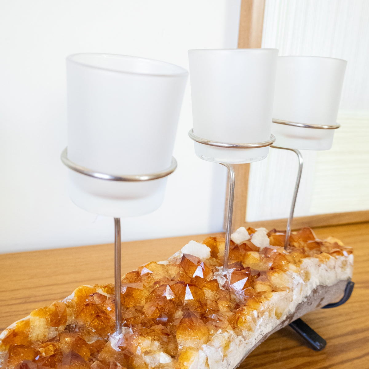 Triple Candle Holder with Citrine Druzy and White Frosted Glass Support 2.709 kg