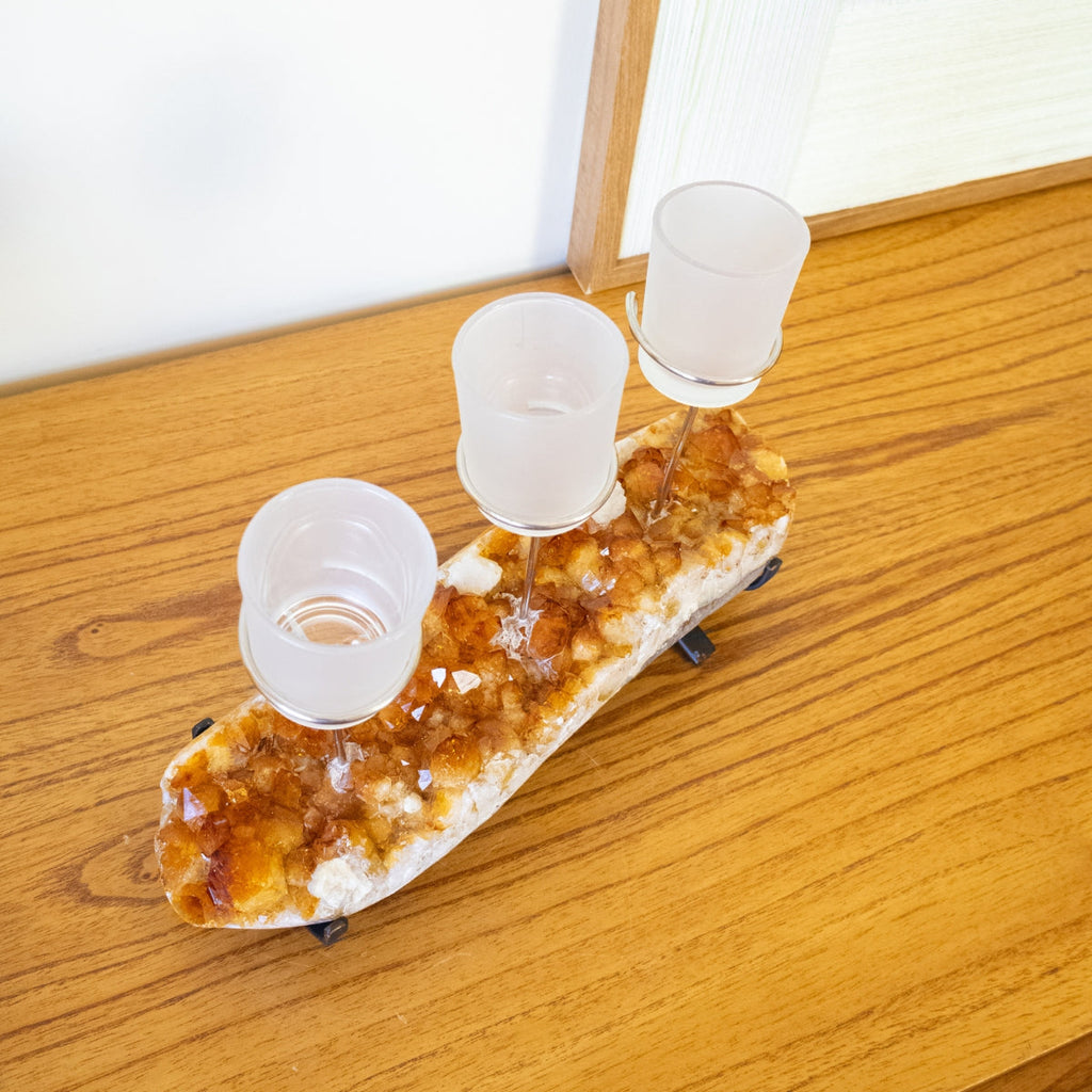 Triple Candle Holder with Citrine Druzy and White Frosted Glass Support 2.709 kg
