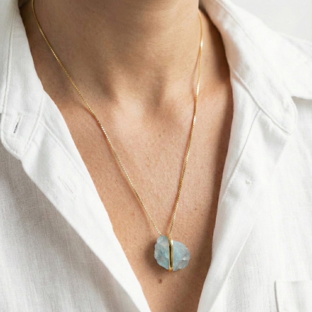Long Aquamarine Embrace Necklace Gold Plated