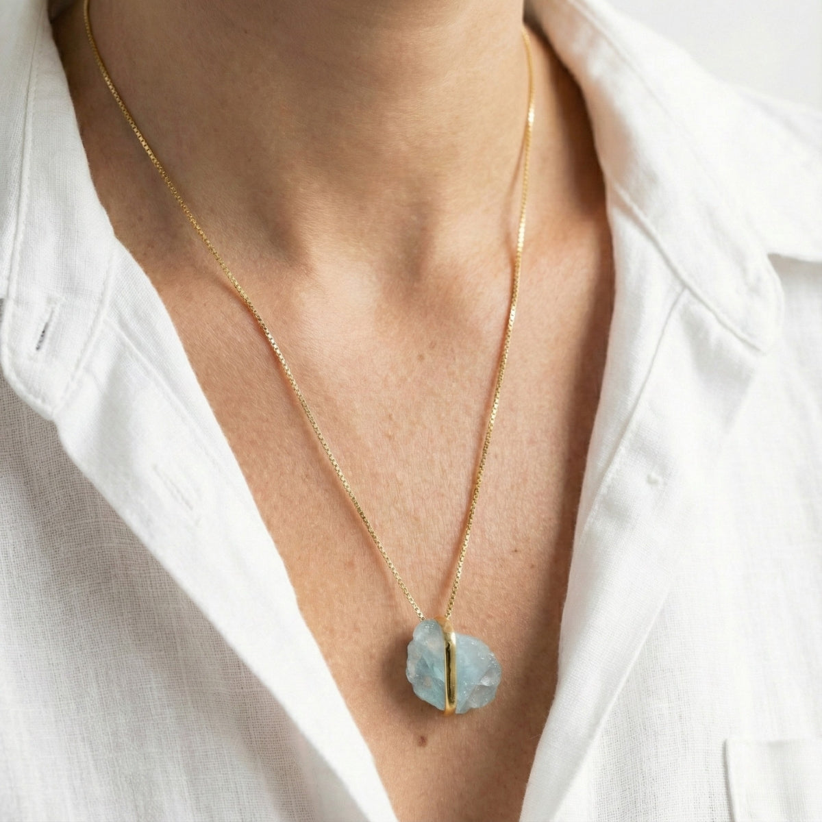 Long Aquamarine Embrace Necklace Gold Plated