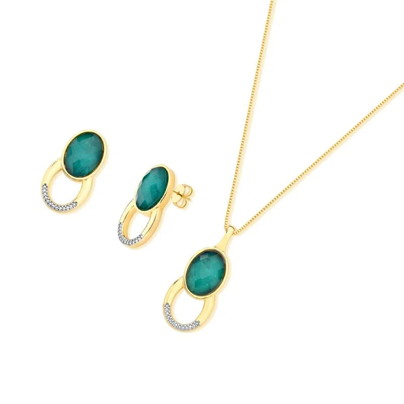 Faceted Emerald Stone Earring and Necklace Set 24k Gold Plated