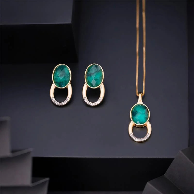 Faceted Emerald Stone Earring and Necklace Set 24k Gold Plated