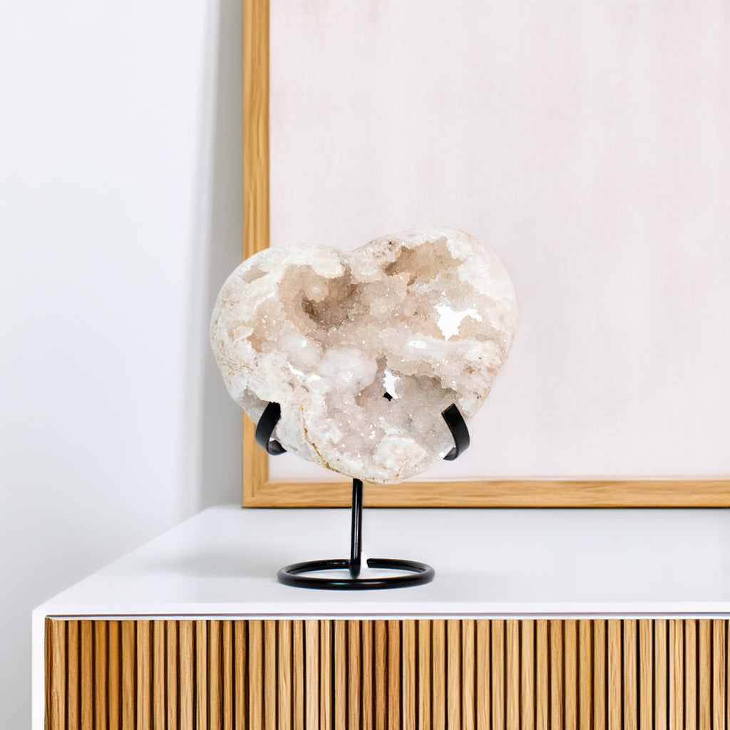 Polished Quartz Crystal Geode Heart on Metal Base