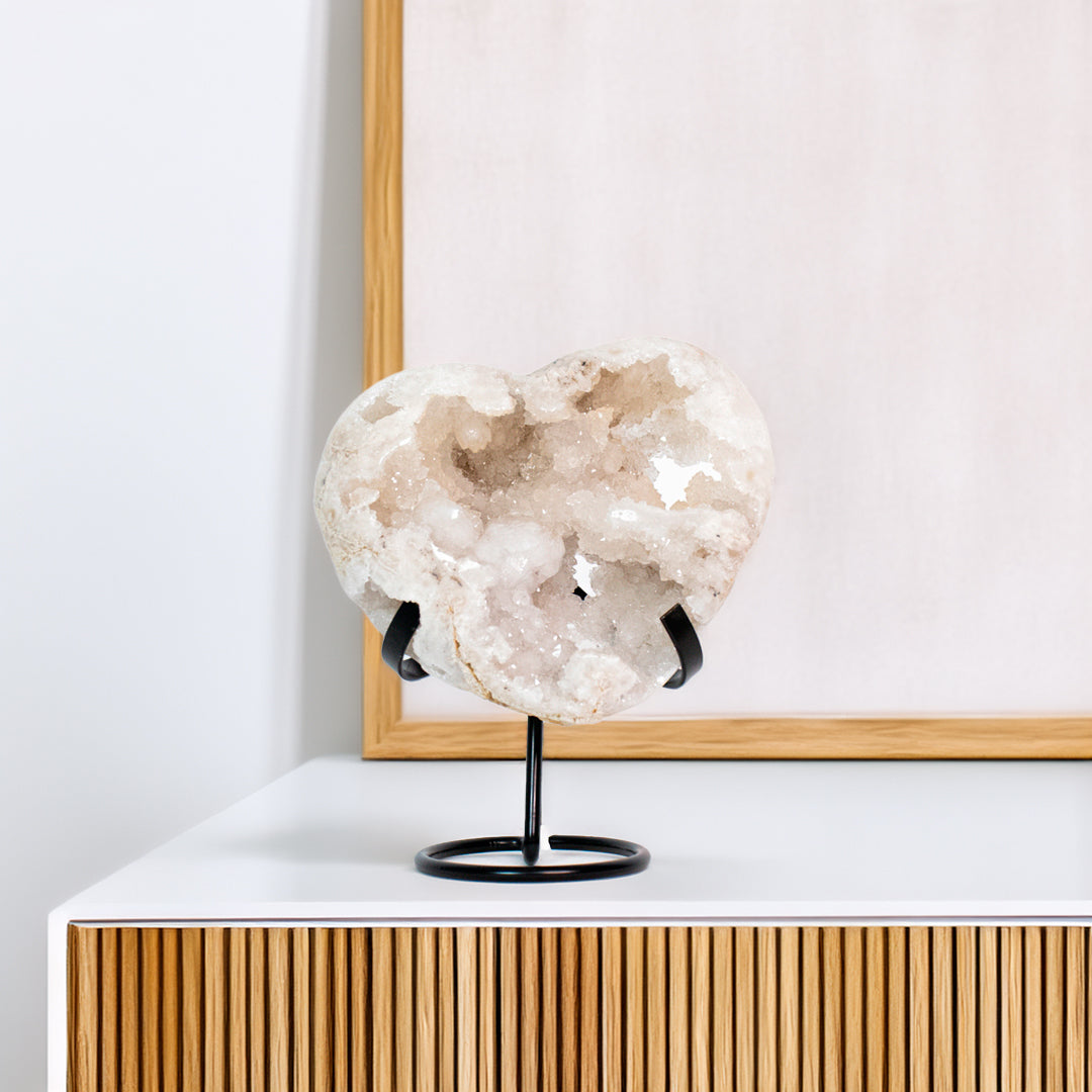 Polished Quartz Crystal Geode Heart on Metal Base