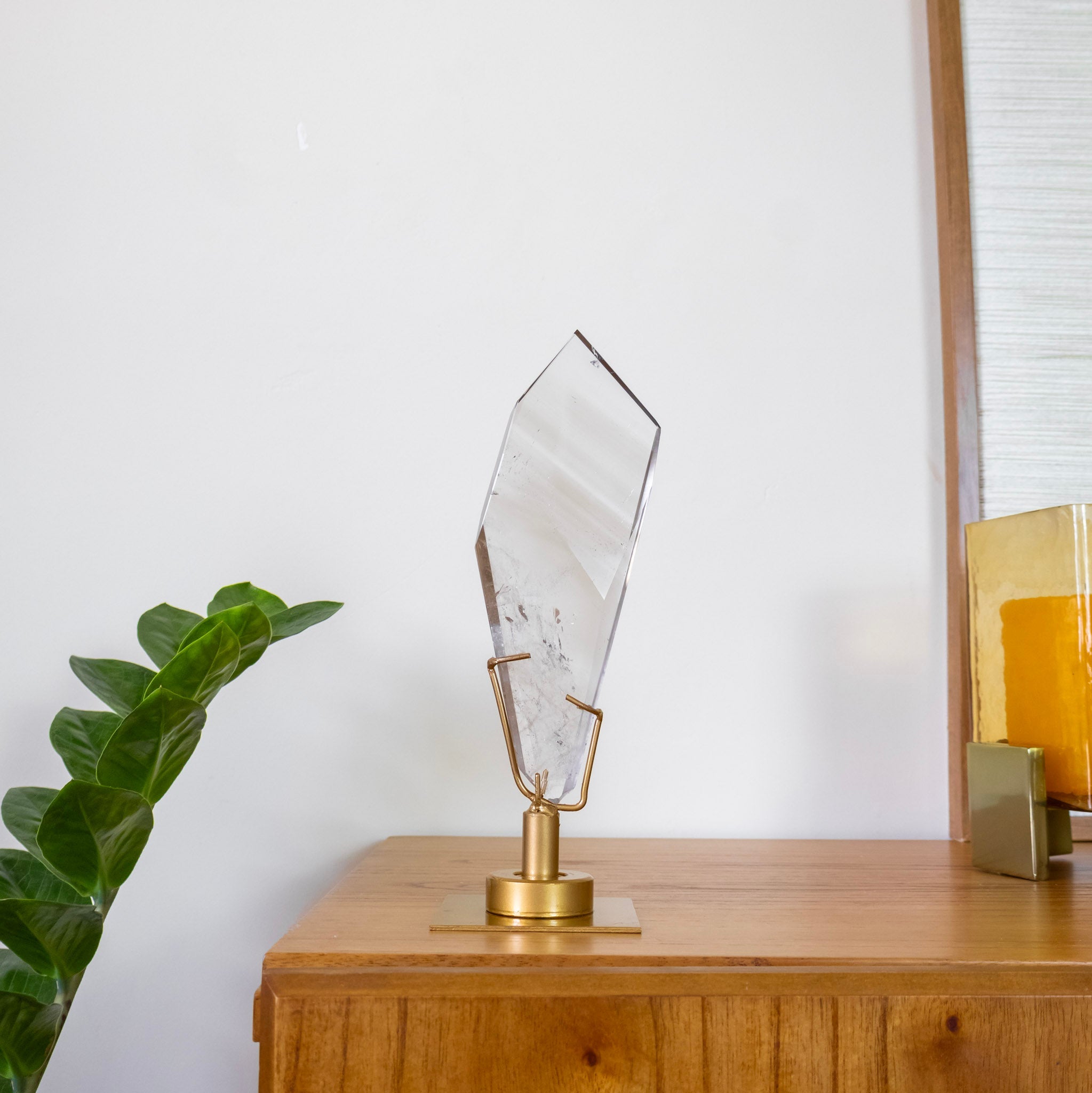 Polished Hyaline Phantom Quartz Crystal Freeform Swivel Gold Metal Base