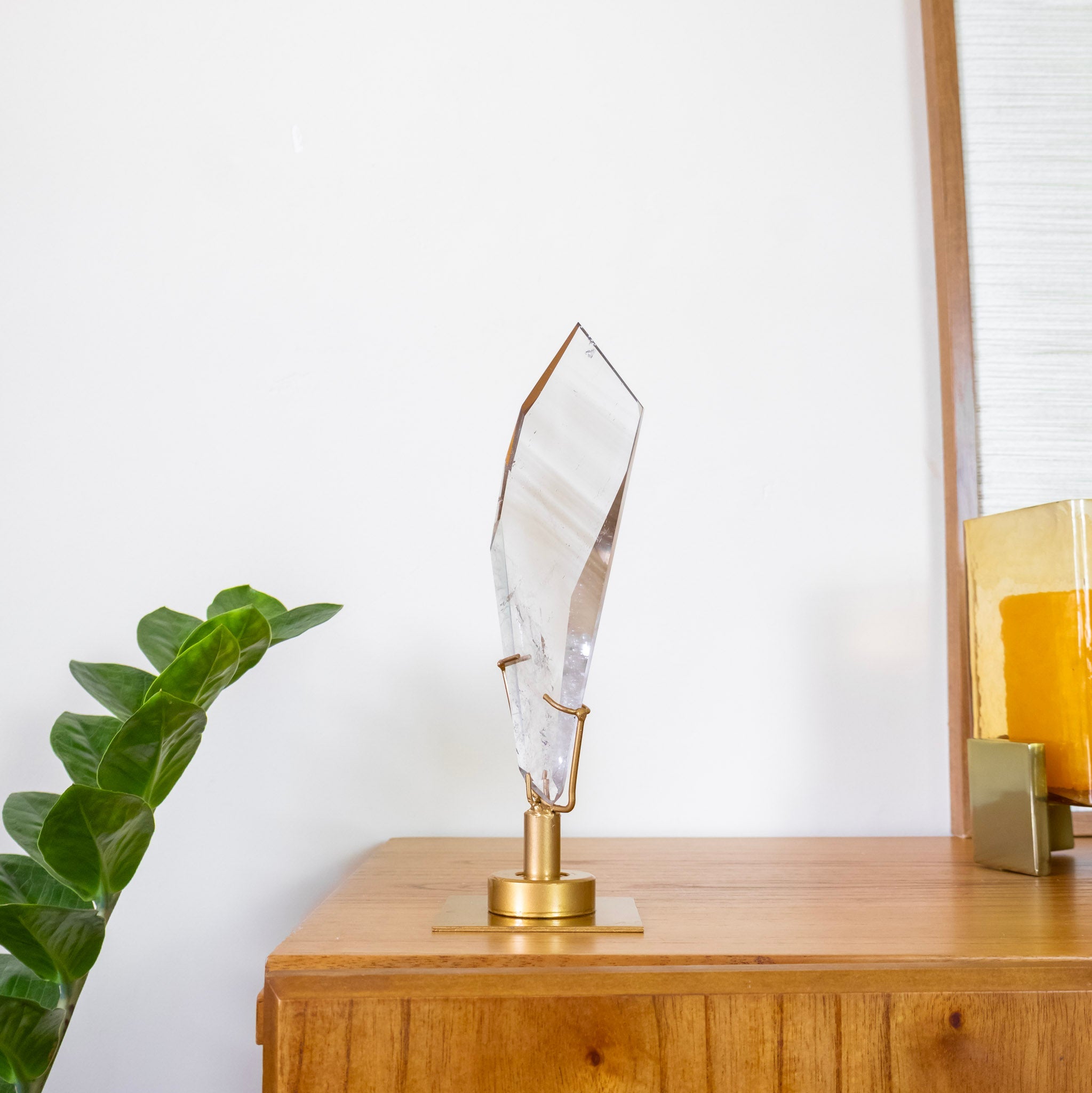 Polished Hyaline Quartz Crystal Freeform Swivel Gold Metal Base