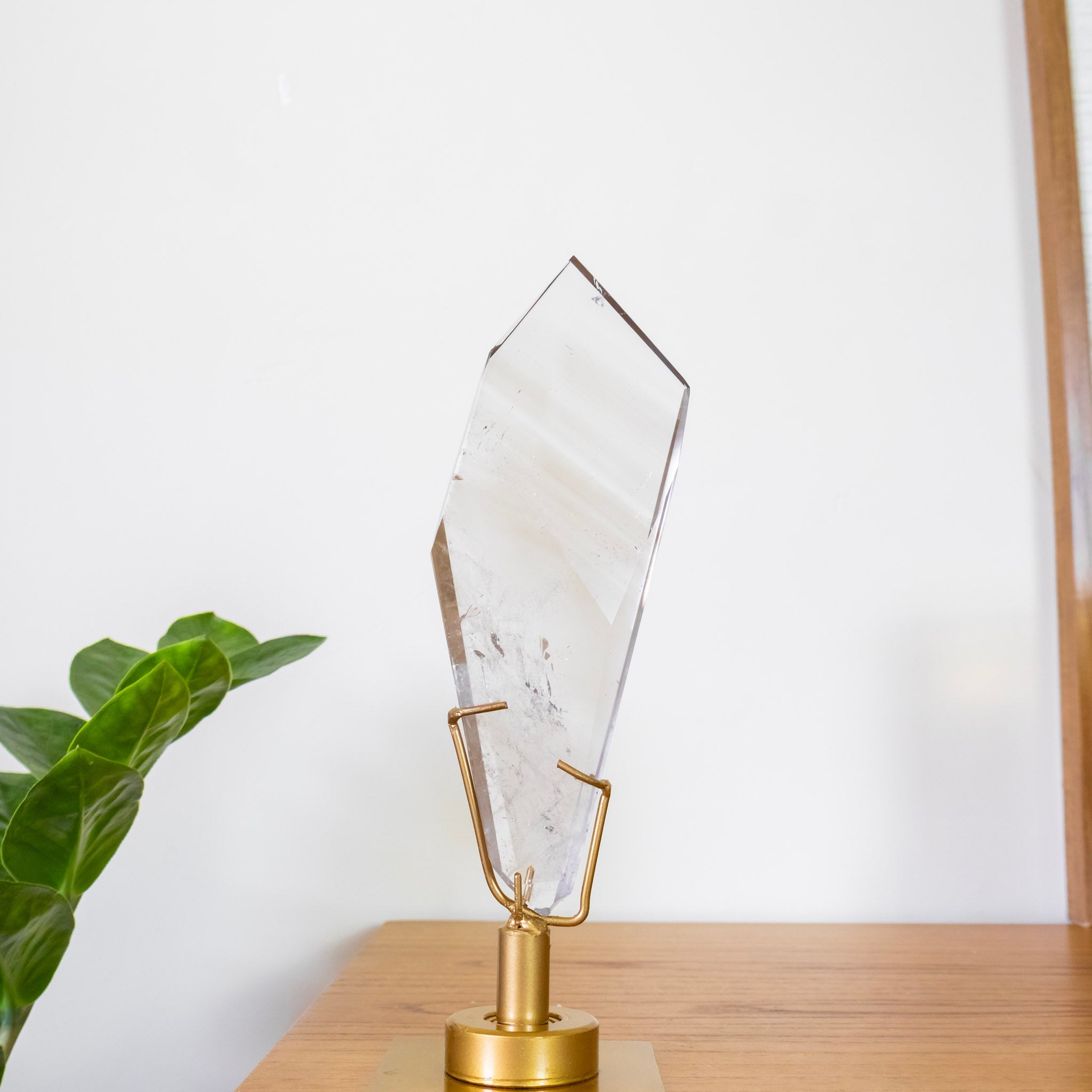 Polished Hyaline Phantom Quartz Crystal Freeform Swivel Gold Metal Base