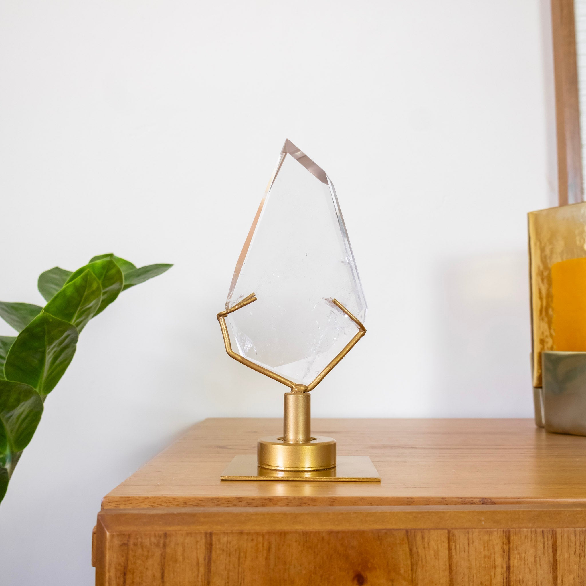 Polished Hyaline Quartz Crystal Freeform Swivel Gold Metal Base