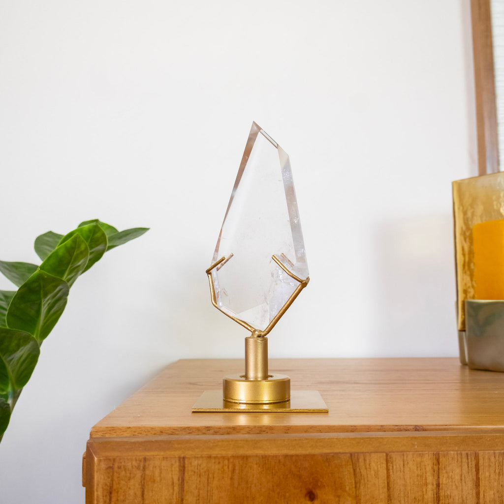 Polished Hyaline Quartz Crystal Freeform Swivel Gold Metal Base