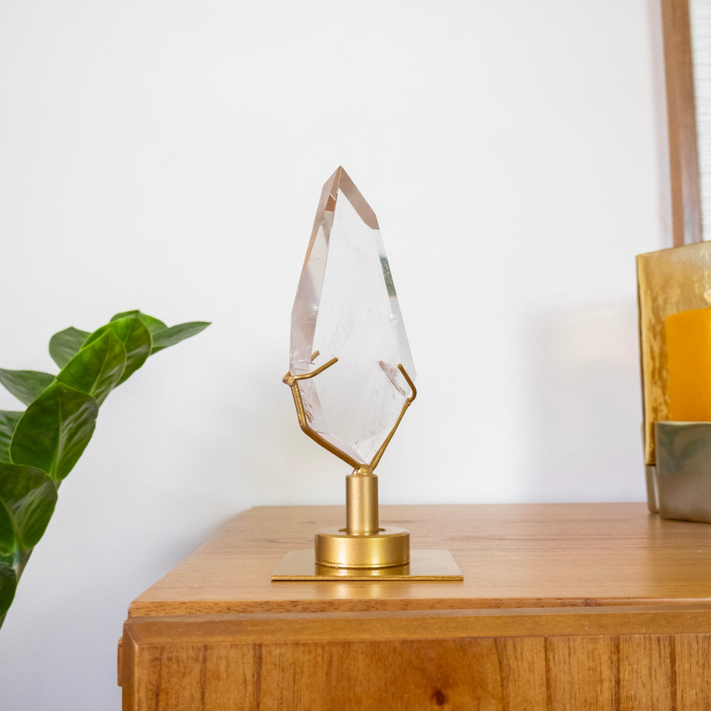 Polished Hyaline Quartz Crystal Freeform Swivel Gold Metal Base