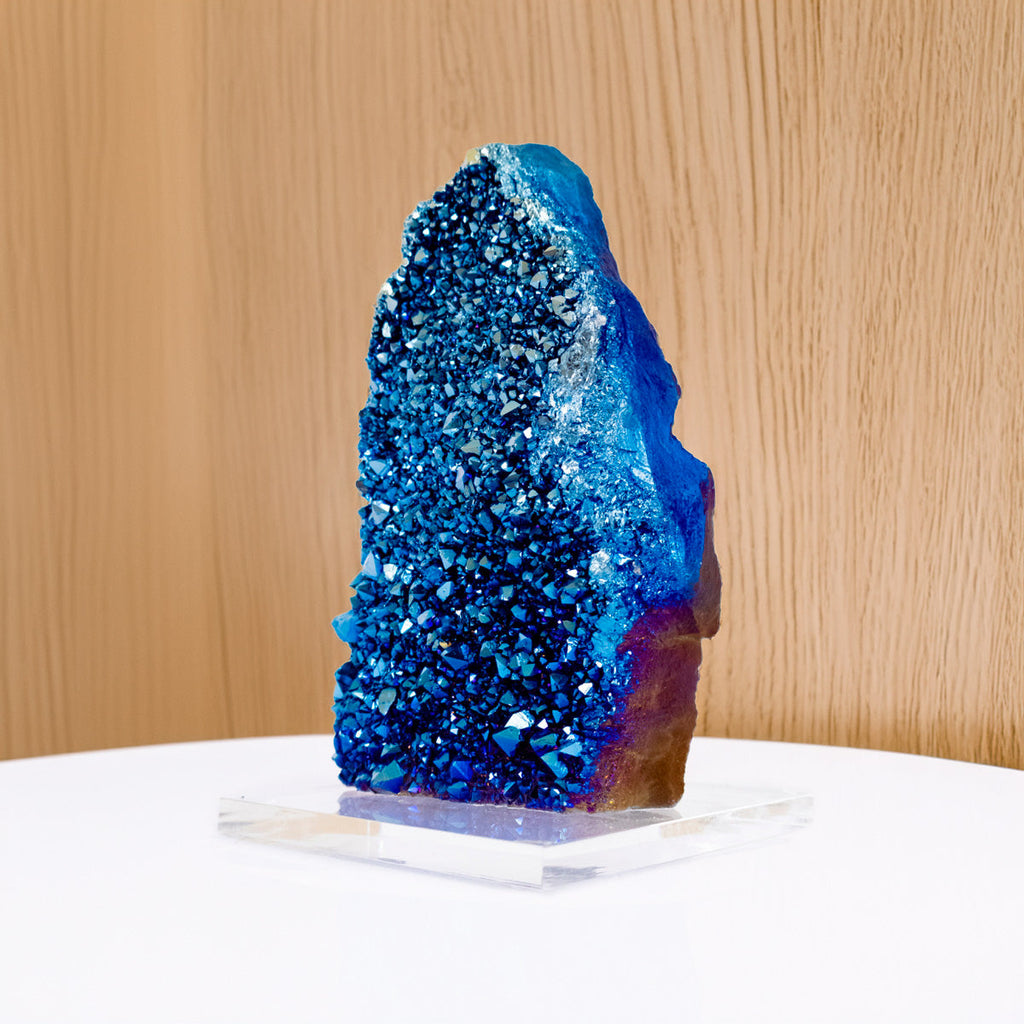 Blue Titanium Quartz Druzy on Acrylic Base 960 grams