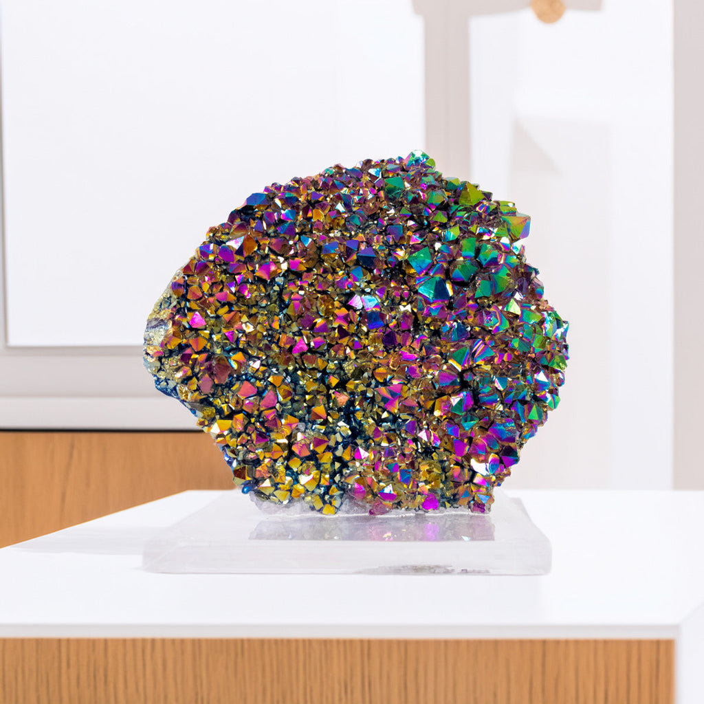 Rainbow Titanium Quartz Druzy on Acrylic Base 739 grams