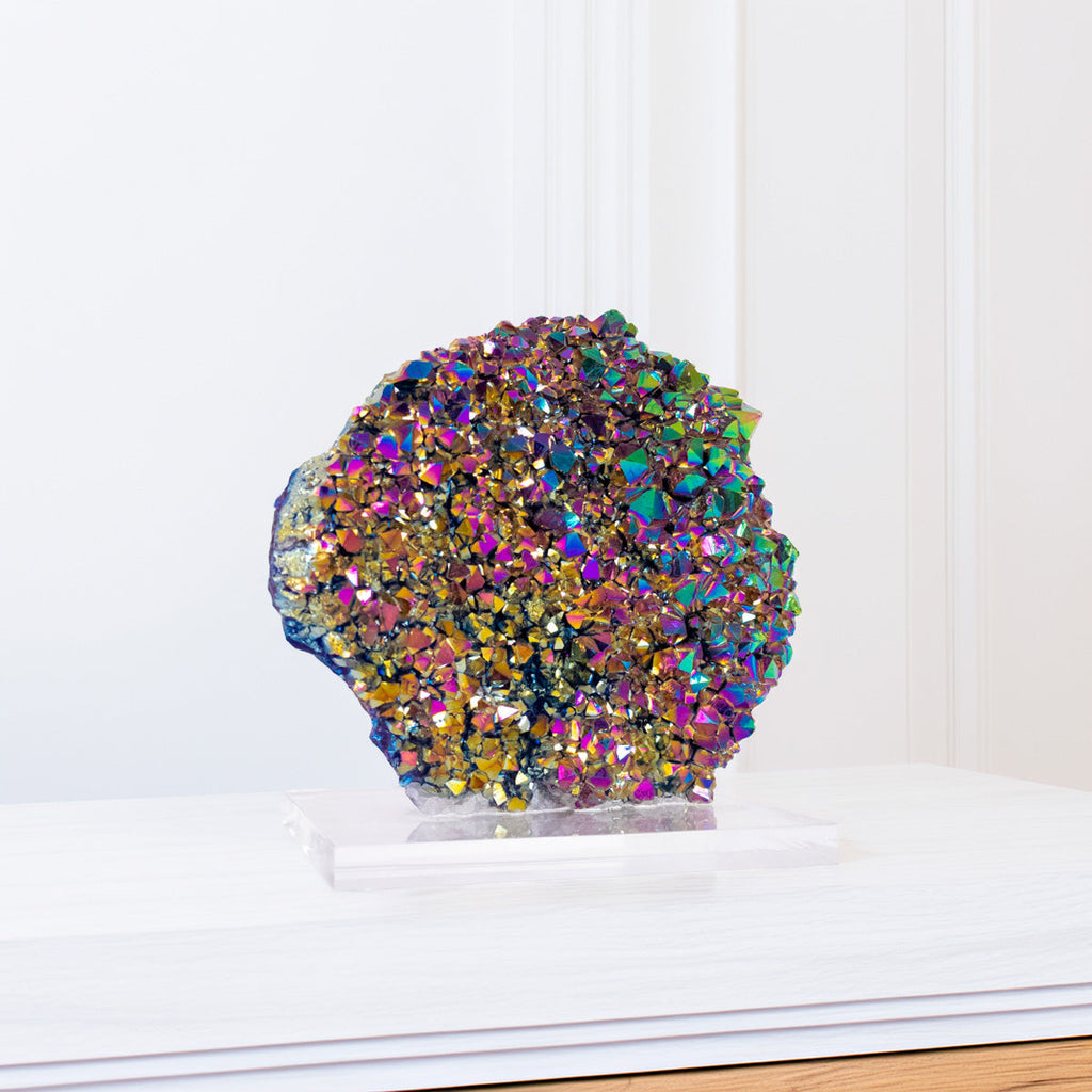 Rainbow Titanium Quartz Druzy on Acrylic Base 739 grams