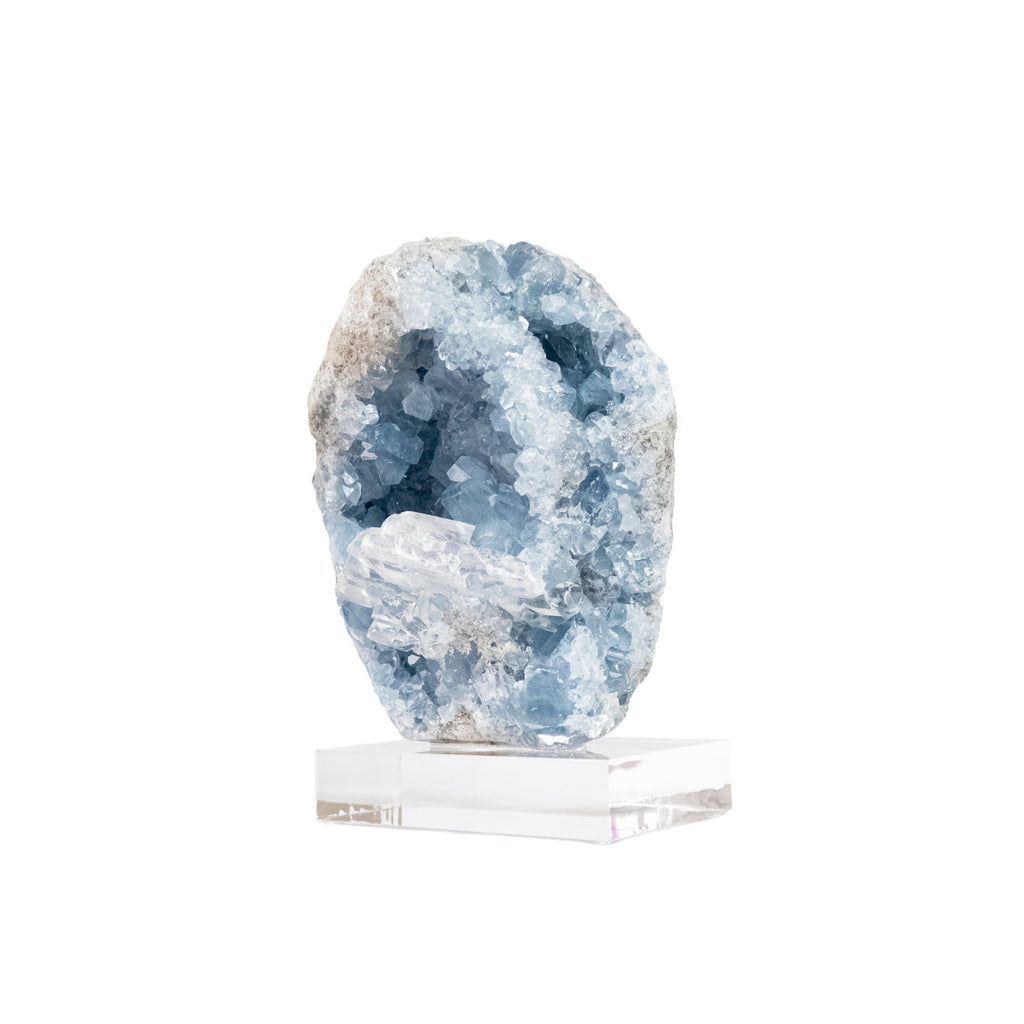 Celestine Druzy with Transparent Calcite Inclusion on Acrylic Base (Collection) Rare 1.9 kg