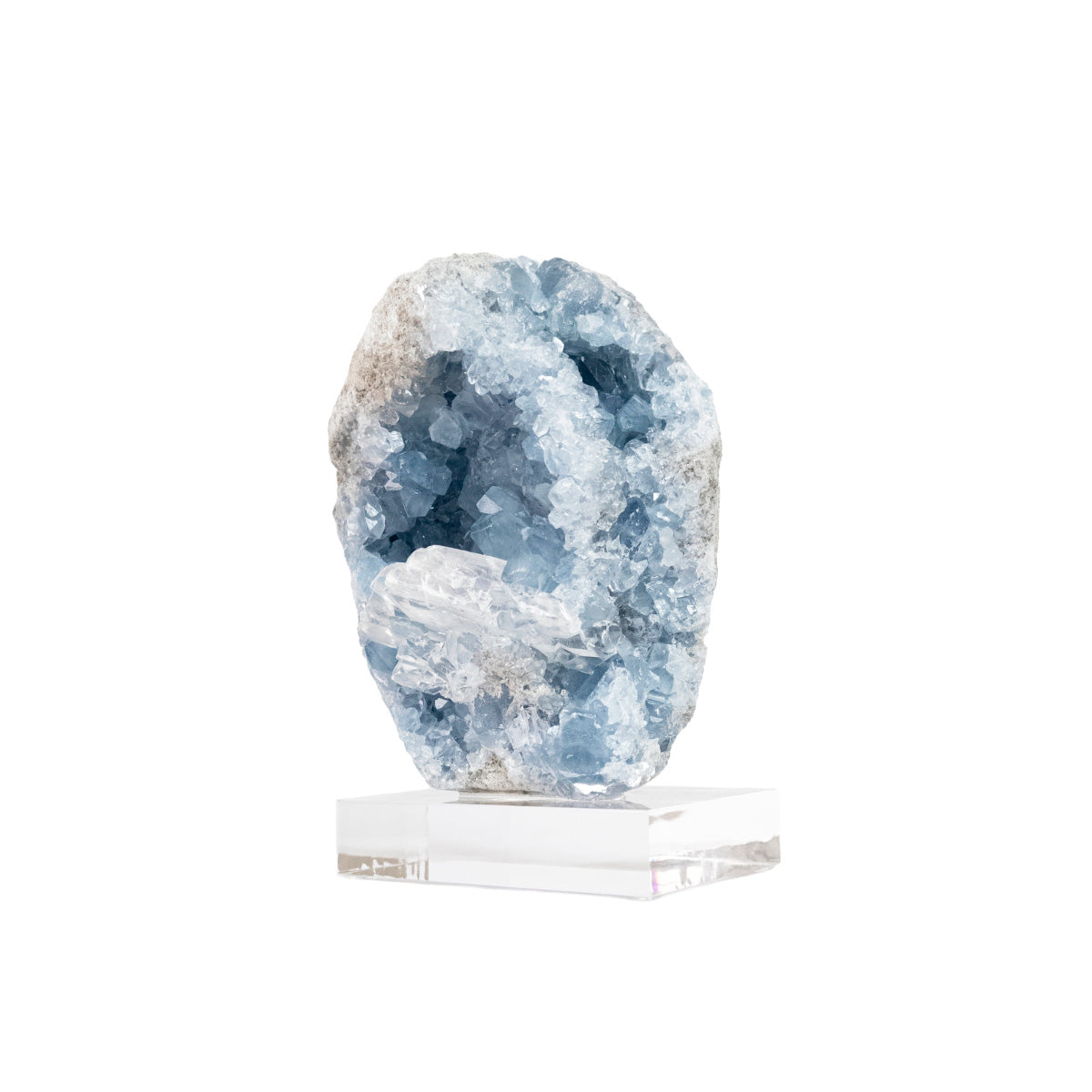 Celestine Druzy with Transparent Calcite Inclusion on Acrylic Base (Collection) Rare 1.9 kg
