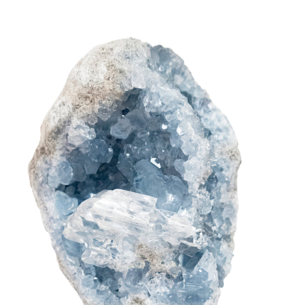 Celestine Druzy with Transparent Calcite Inclusion on Acrylic Base (Collection) Rare 1.9 kg