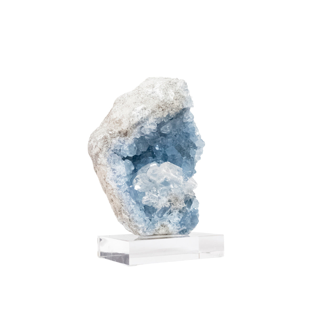 Celestine Druzy with Transparent Calcite Inclusion on Acrylic Base (Collection) Rare 1.9 kg