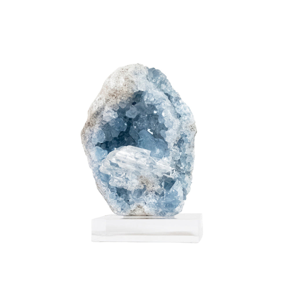 Celestine Druzy with Transparent Calcite Inclusion on Acrylic Base (Collection) Rare 1.9 kg