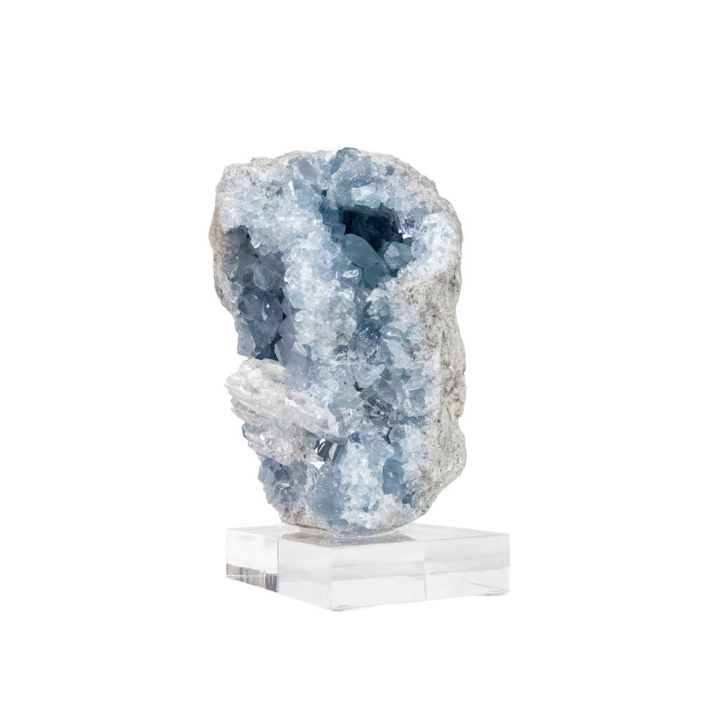 Celestine Druzy with Transparent Calcite Inclusion on Acrylic Base (Collection) Rare 1.9 kg