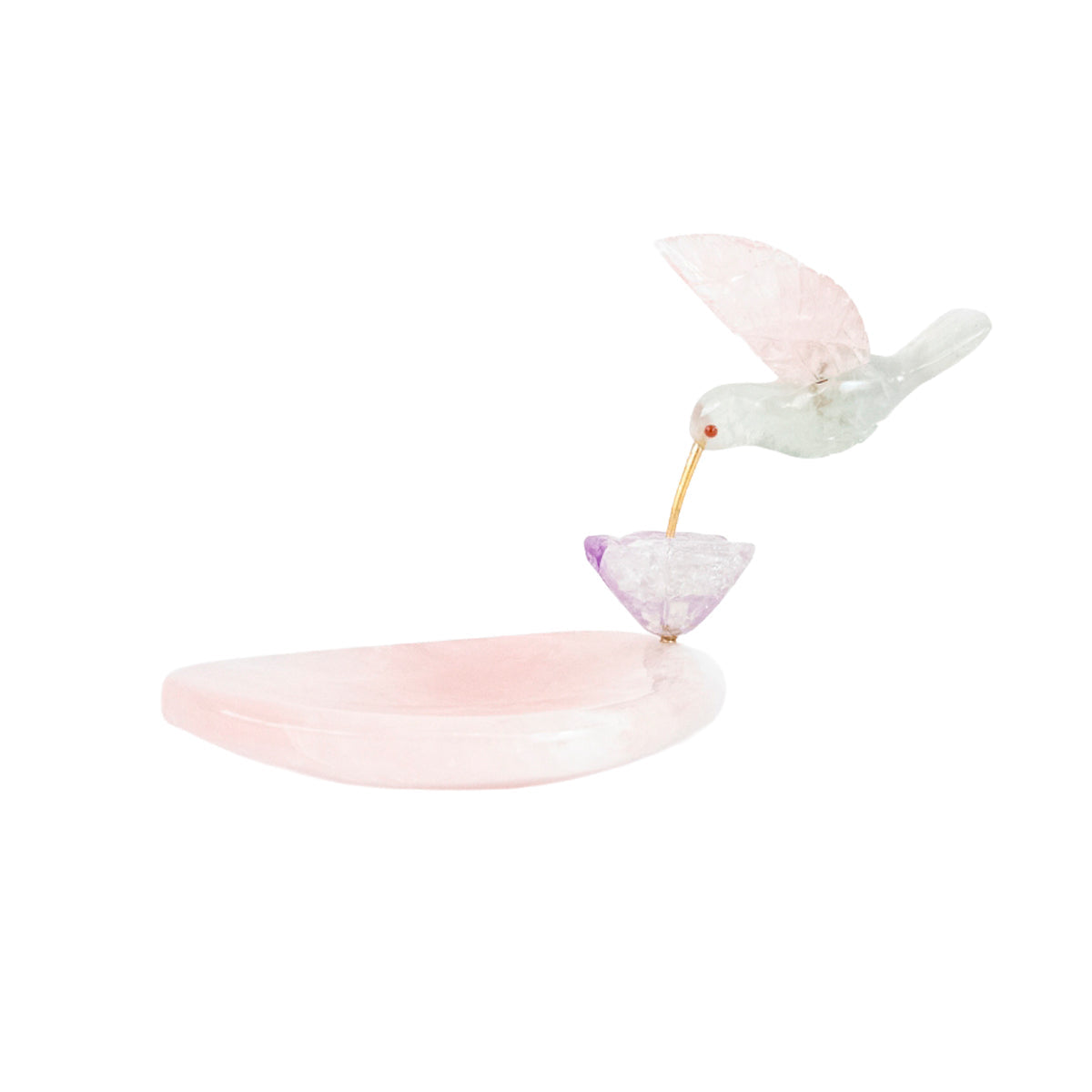 Hummingbird Sculpture in Fluorite, Lisianthus Flower in Amethyst, Rose Quartz Base