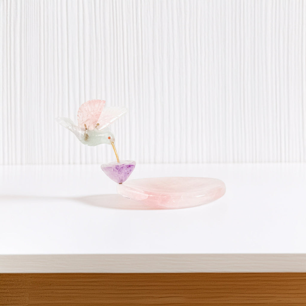 Hummingbird Sculpture in Fluorite, Lisianthus Flower in Amethyst, Rose Quartz Base