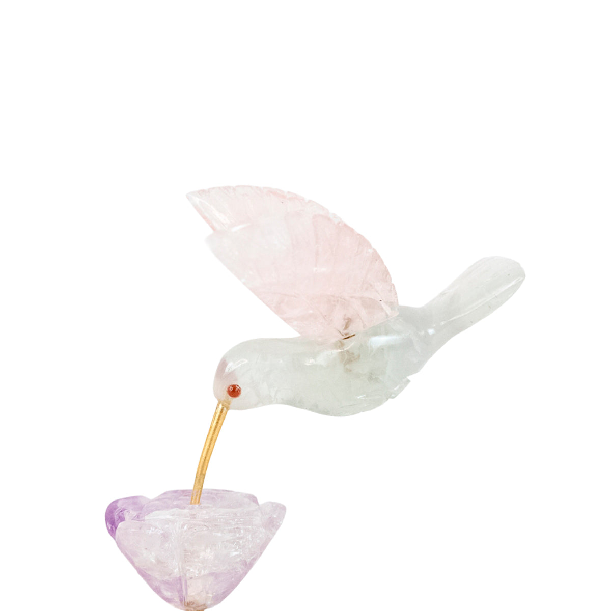 Hummingbird Sculpture in Fluorite, Lisianthus Flower in Amethyst, Rose Quartz Base