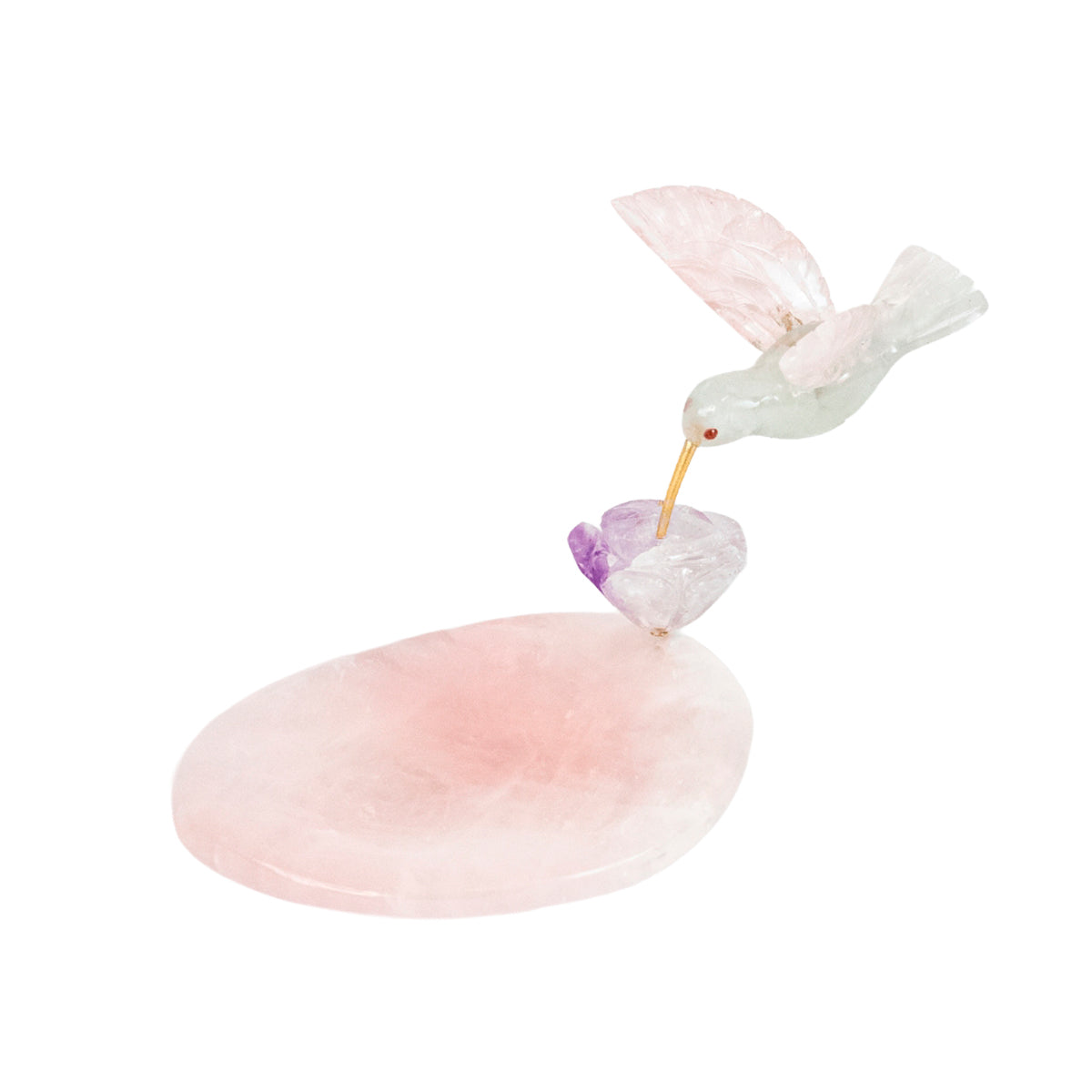 Hummingbird Sculpture in Fluorite, Lisianthus Flower in Amethyst, Rose Quartz Base