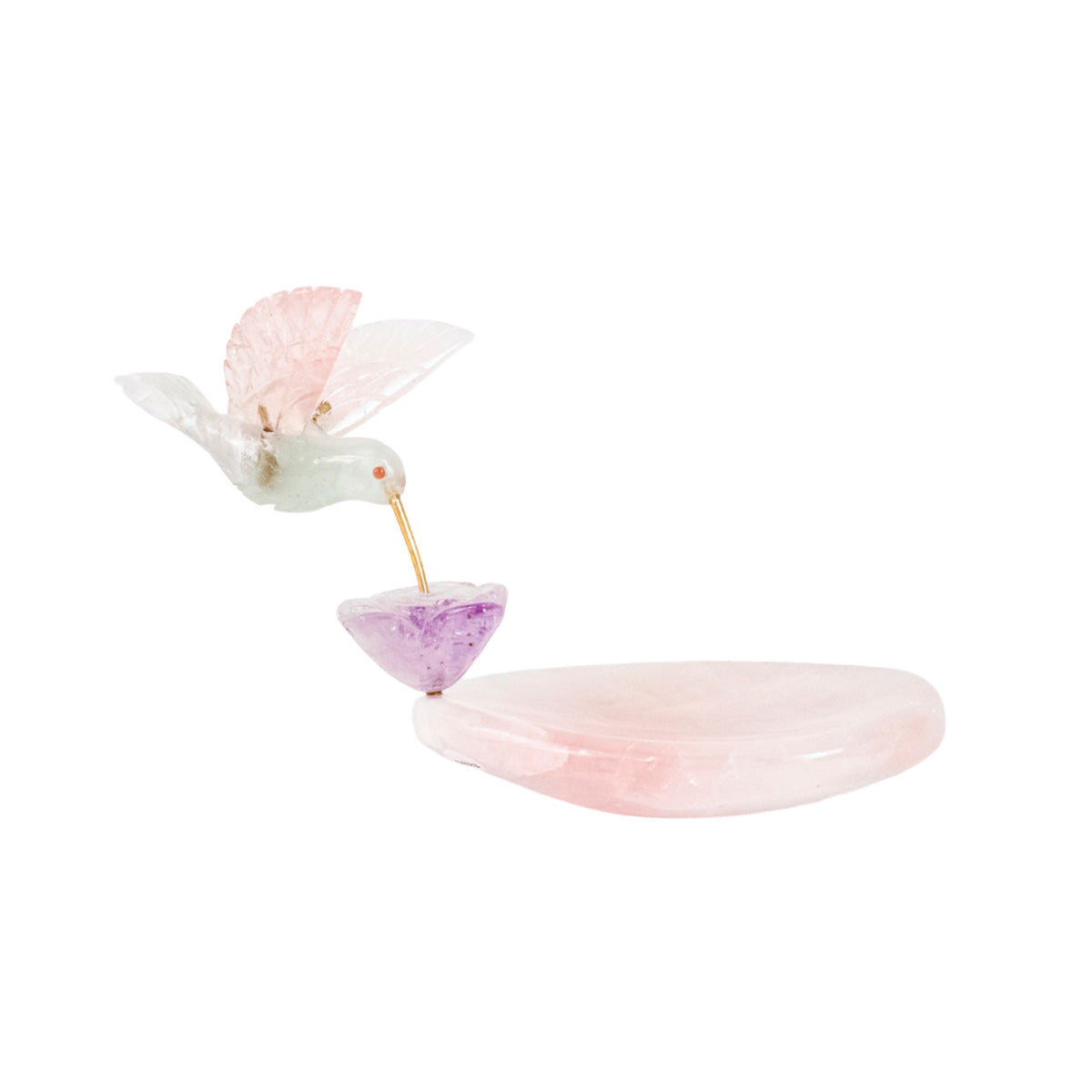 Hummingbird Sculpture in Opaline Rose Quartz, Lisianthus Flower in Golden Healer Quartz, Rose Quartz Base