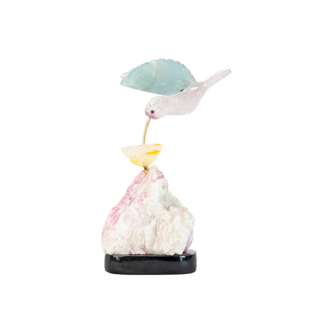 Hummingbird Sculpture in Fluorite and Amethyst, Lisianthus Flower in Golden Healer Quartz, Pink Tourmaline Base