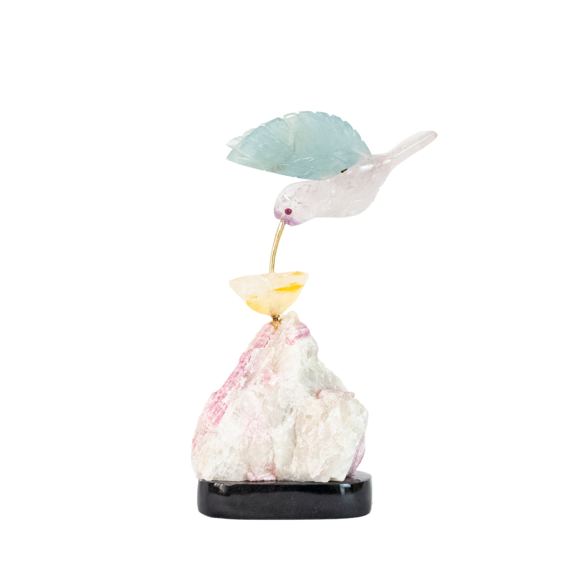 Hummingbird Sculpture in Fluorite and Amethyst, Lisianthus Flower in Golden Healer Quartz, Pink Tourmaline Base