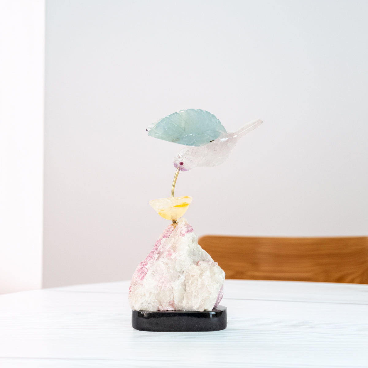 Hummingbird Sculpture in Fluorite and Amethyst, Lisianthus Flower in Golden Healer Quartz, Pink Tourmaline Base
