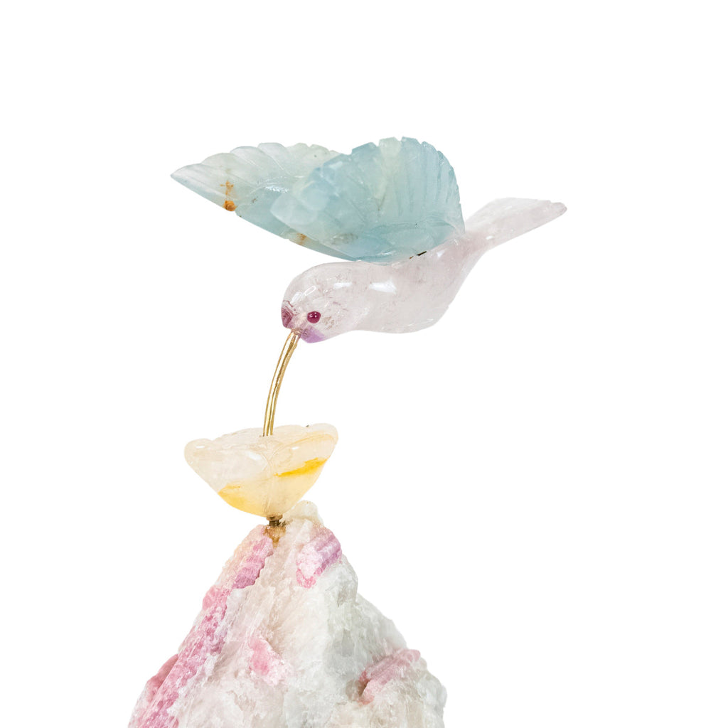 Hummingbird Sculpture in Fluorite and Amethyst, Lisianthus Flower in Golden Healer Quartz, Pink Tourmaline Base