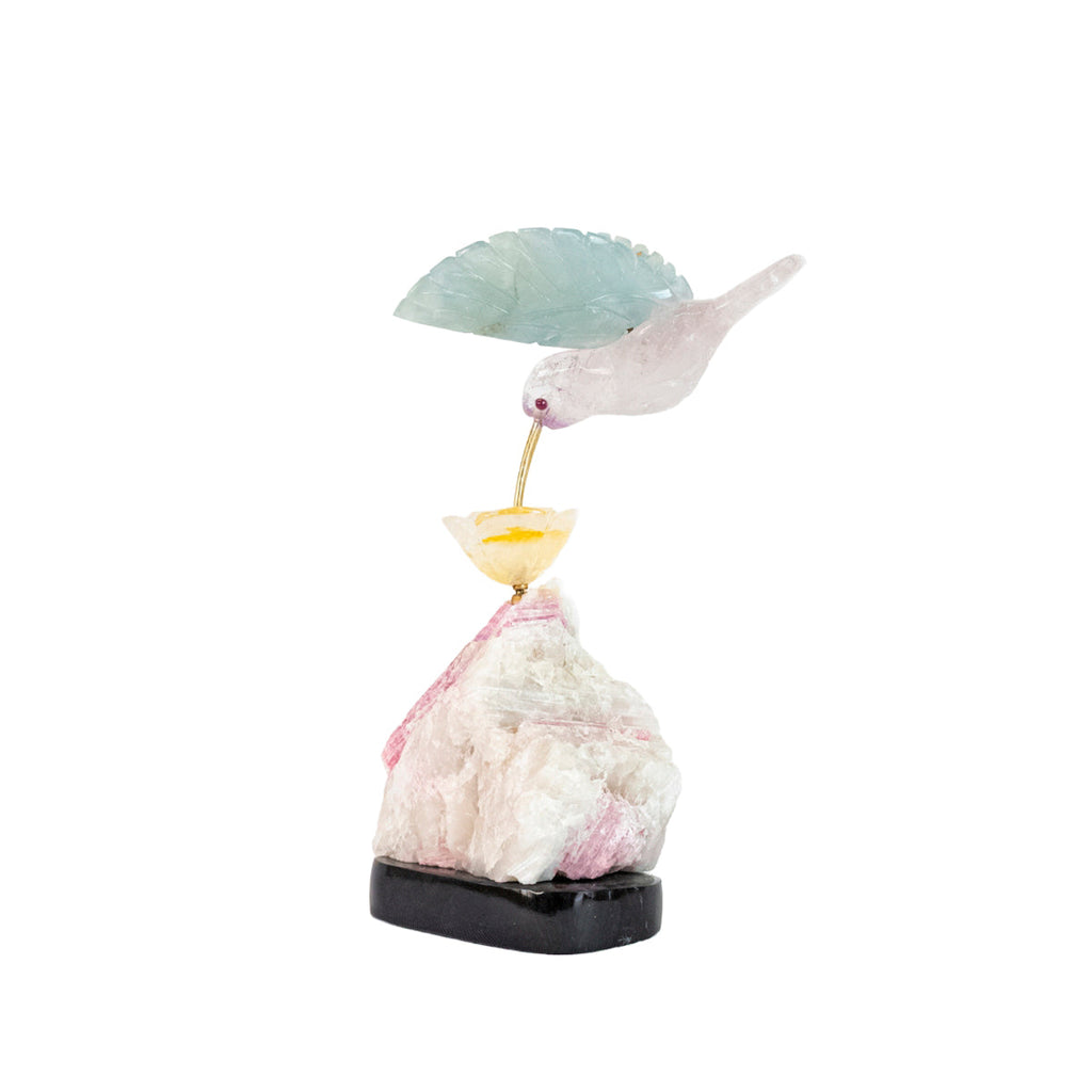 Hummingbird Sculpture in Fluorite and Amethyst, Lisianthus Flower in Golden Healer Quartz, Pink Tourmaline Base