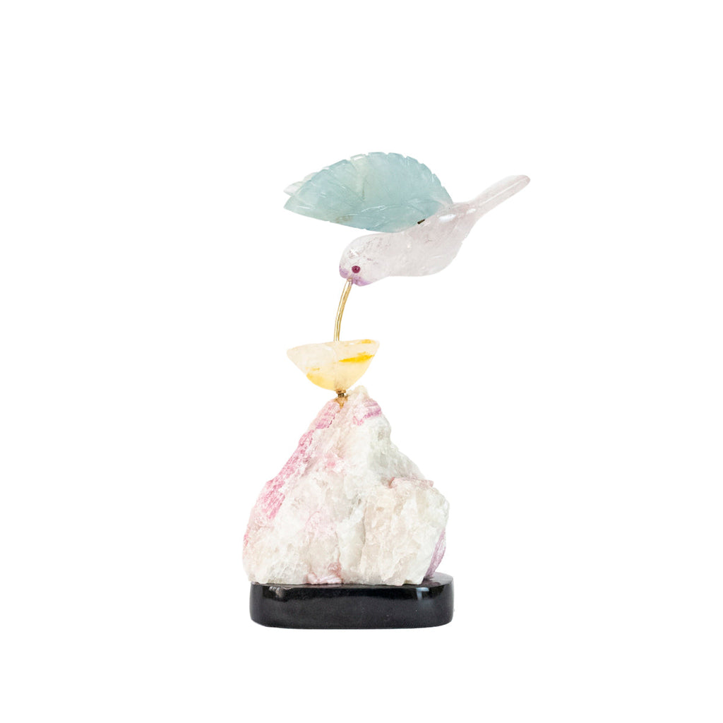 Hummingbird Sculpture in Fluorite and Amethyst, Lisianthus Flower in Golden Healer Quartz, Pink Tourmaline Base