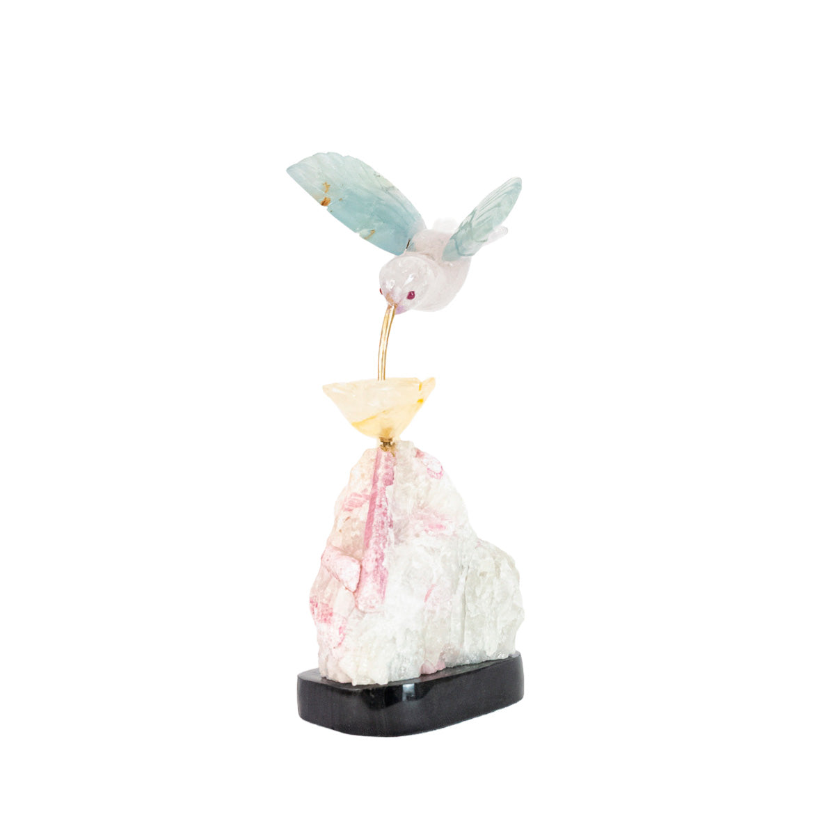 Hummingbird Sculpture in Fluorite, Lisianthus Flower in Amethyst, Rose Quartz Base