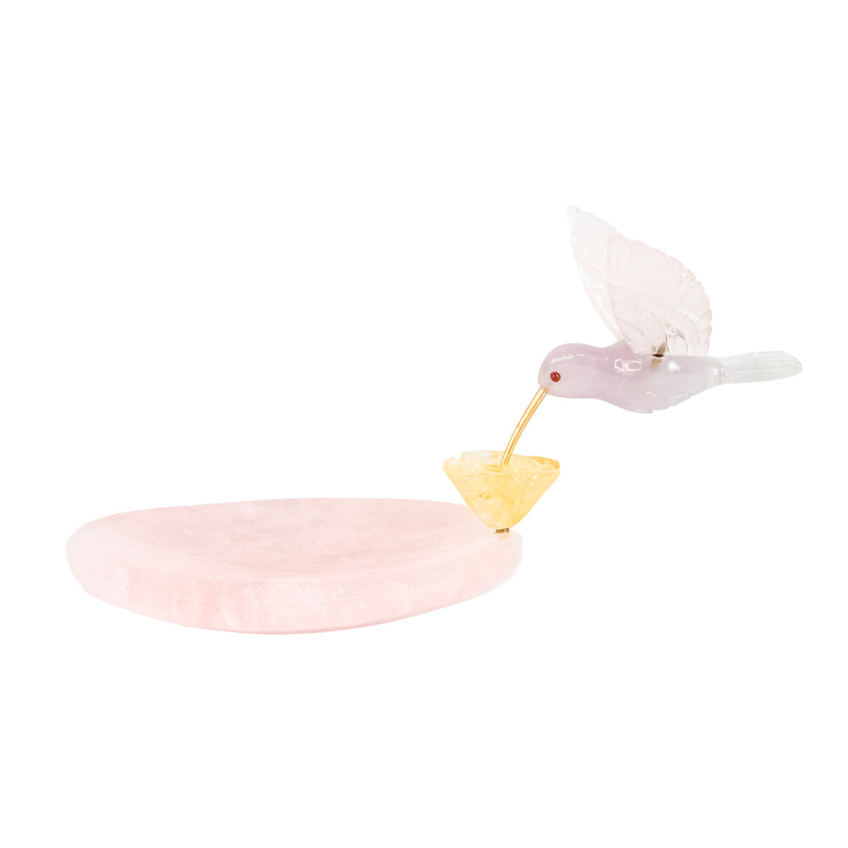 Hummingbird Sculpture in Opaline Rose Quartz, Lisianthus Flower in Golden Healer Quartz, Rose Quartz Base