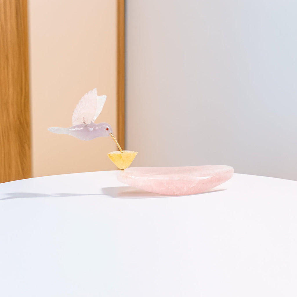Hummingbird Sculpture in Opaline Rose Quartz, Lisianthus Flower in Golden Healer Quartz, Rose Quartz Base