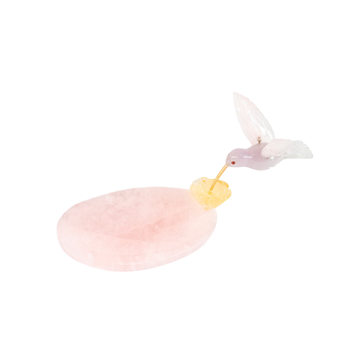 Hummingbird Sculpture in Opaline Rose Quartz, Lisianthus Flower in Golden Healer Quartz, Rose Quartz Base