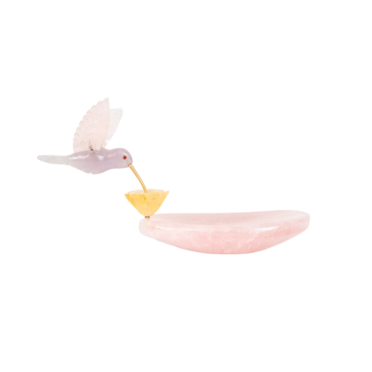 Hummingbird Sculpture in Opaline Rose Quartz, Lisianthus Flower in Rose Quartz, Crystal Quartz Base