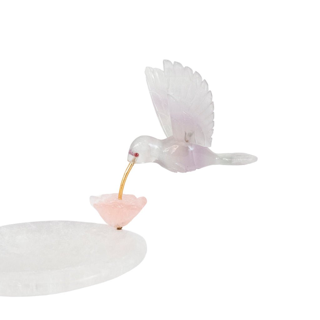 Hummingbird Sculpture in Opaline Rose Quartz, Lisianthus Flower in Rose Quartz, Crystal Quartz Base