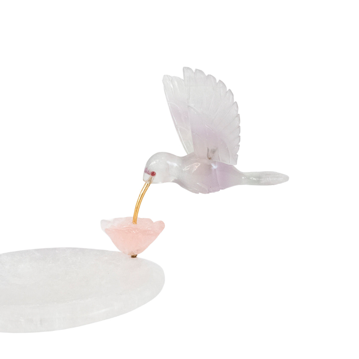 Hummingbird Sculpture in Opaline Rose Quartz, Lisianthus Flower in Rose Quartz, Crystal Quartz Base