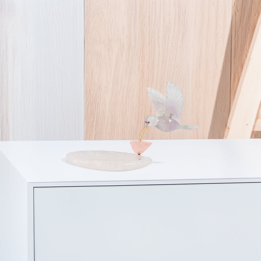Hummingbird Sculpture in Opaline Rose Quartz, Lisianthus Flower in Rose Quartz, Crystal Quartz Base