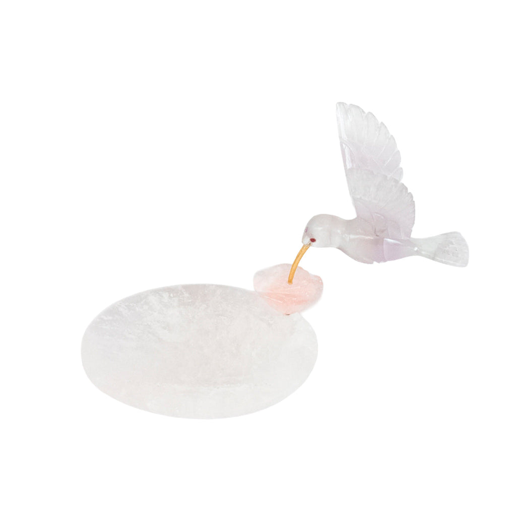 Hummingbird Sculpture in Opaline Rose Quartz, Lisianthus Flower in Rose Quartz, Crystal Quartz Base