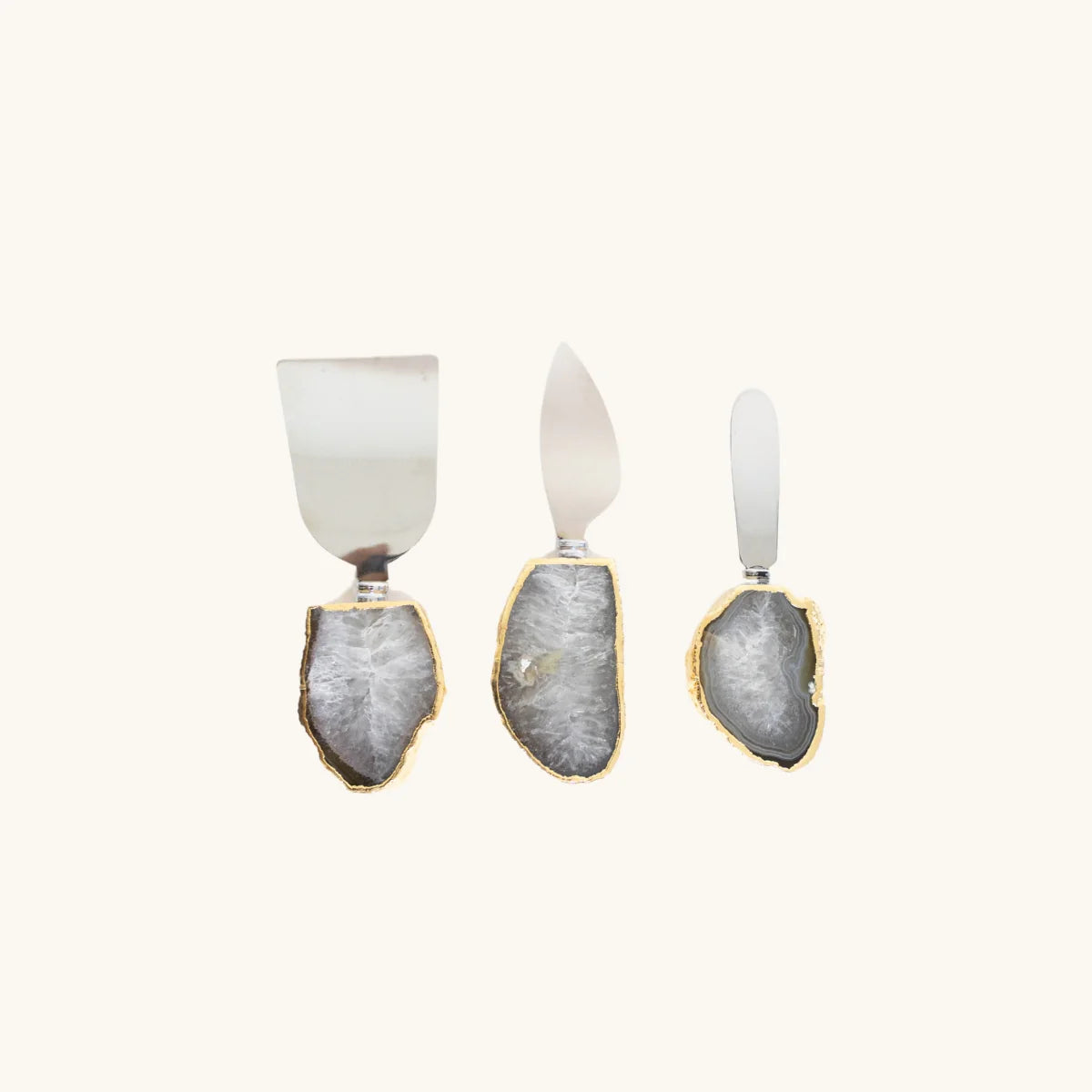 Natural Crystallized Agate Cheese Knife Set Gold Plated