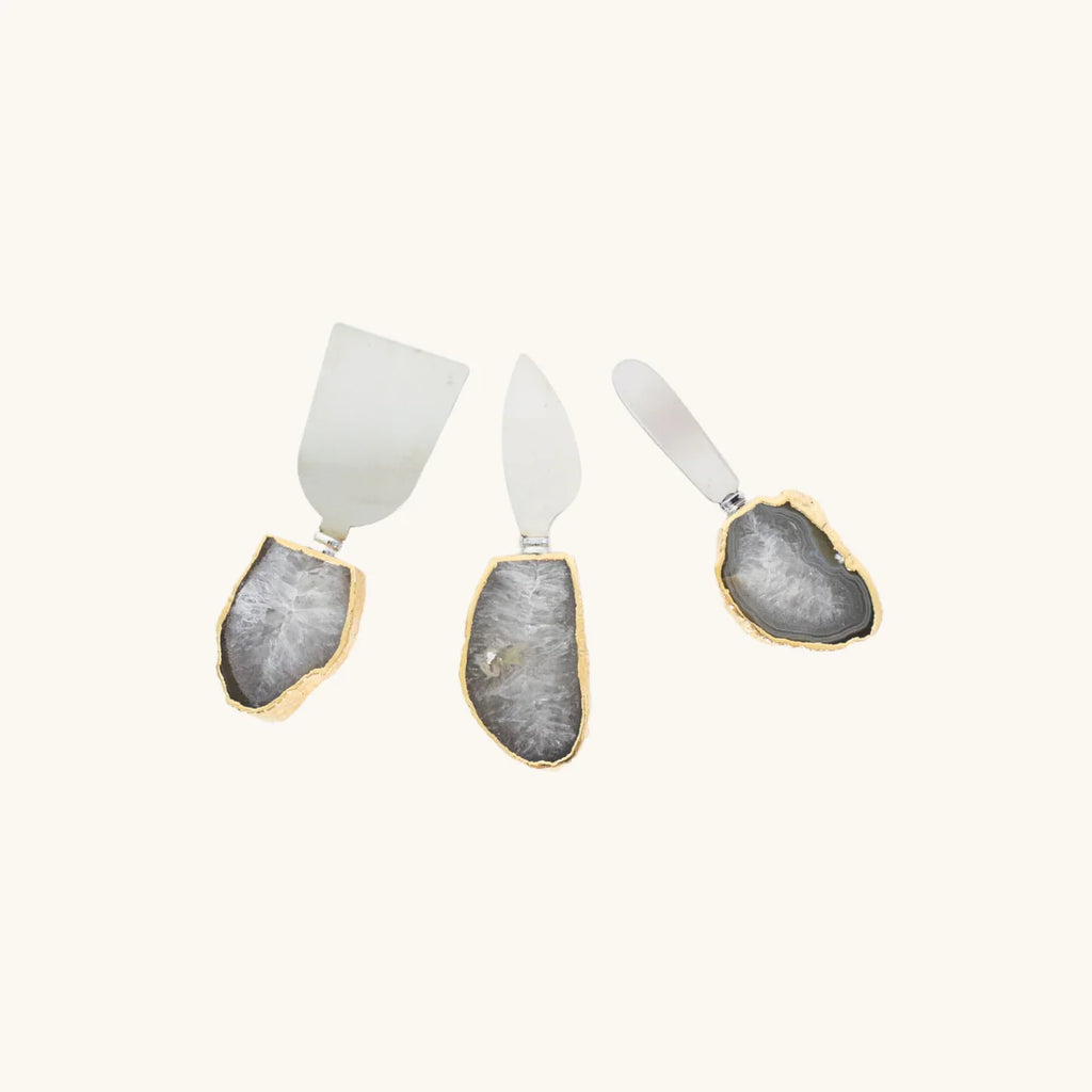 Natural Crystallized Agate Cheese Knife Set Gold Plated