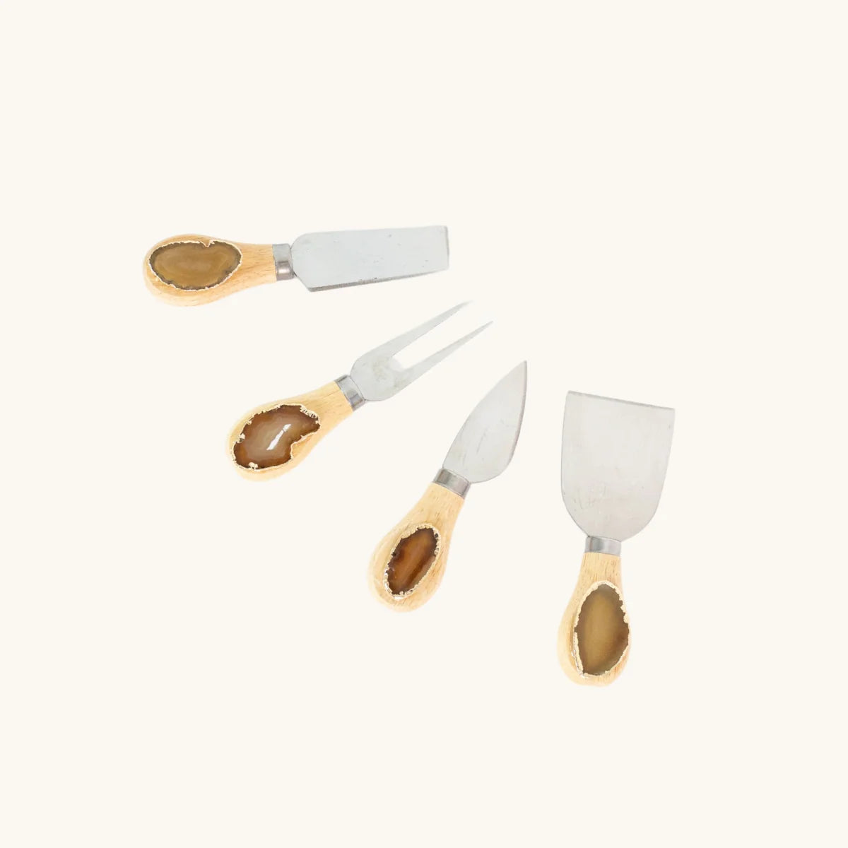 Natural Golden Agate Cheese Knife Set Gold Plated Bamboo