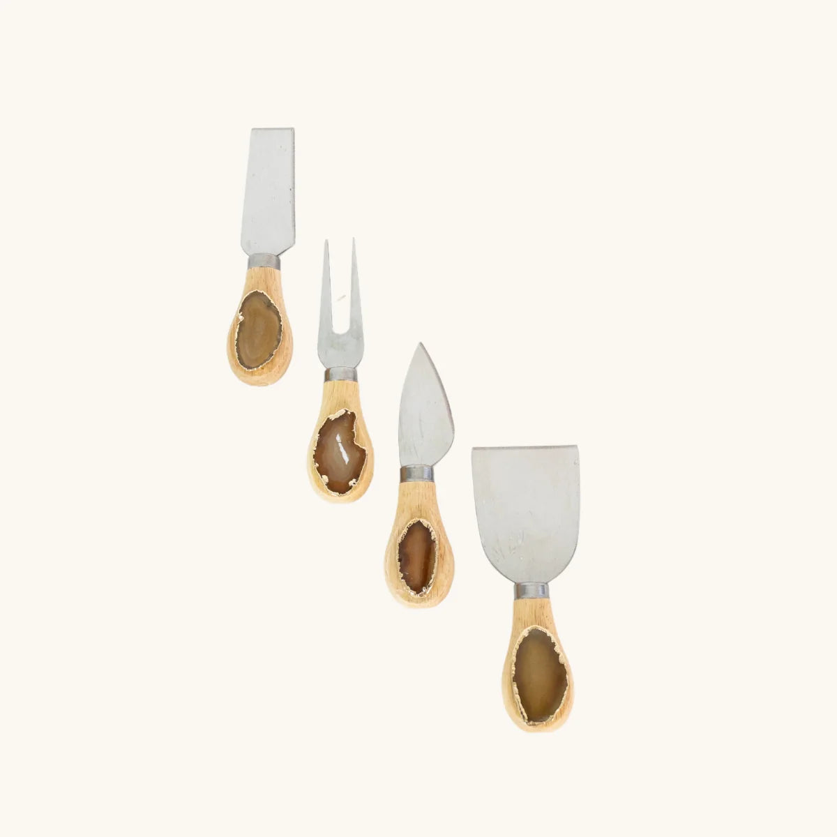 Natural Golden Agate Cheese Knife Set Gold Plated Bamboo